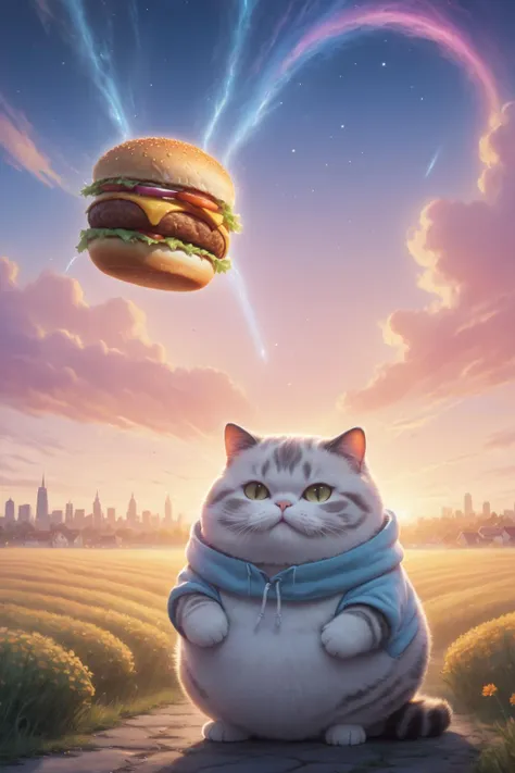 cosmic canvas,(city background:1.3), flawless, clean, masterpiece, painting of a chubby cat, wearing hoodie, holding burger, light fog,   <lora:Cosmic_Canvas_SDXL:.56> and above a field and pastel colors, The painting has dramatic patterns covering all of ...