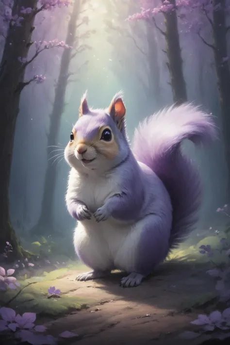 cosmic canvas, Lilac hair  forest background, painting of a squirrel, <lora:Cosmic_Canvas_SDXL:1>