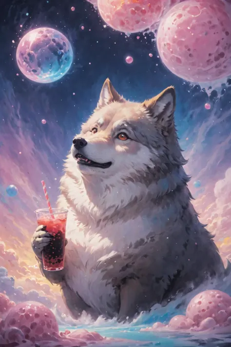 cosmic canvas,flawless, clean, masterpiece, professional artwork, famous artwork, painting of a chubby wolf, (cloudscape ,bubble tea background),  <lora:Cosmic_Canvas_SDXL:1>