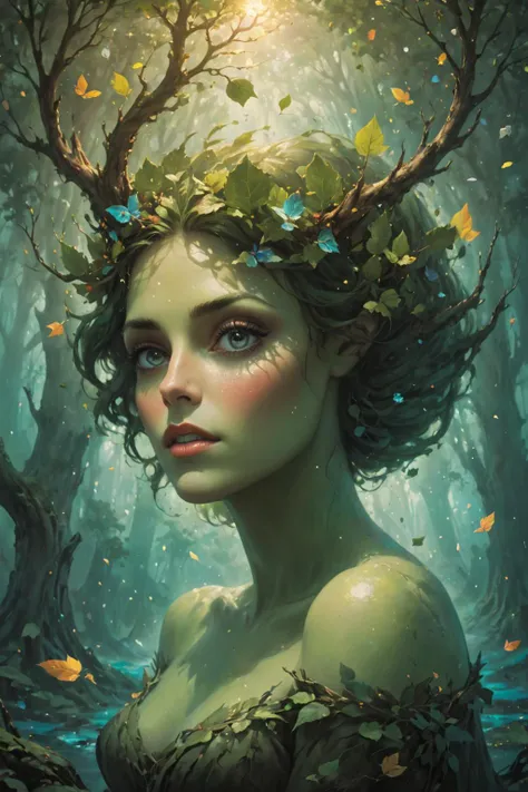 cosmic canvas,(hellscape  background), flawless, clean, masterpiece, portrait of a dryad <lora:Cosmic_Canvas_SDXL:1> floating with nFT geometry background in style of Jony Bastien Lopes Pixar and Tristan Eaton Stanley Artgerm and tom bagshaw Beeple