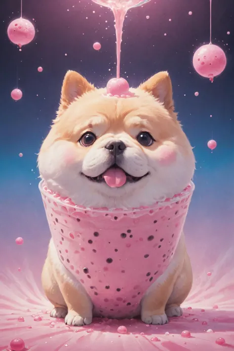 cosmic canvas,flawless, clean, masterpiece, professional artwork, famous artwork, painting of a chubby dog, (bubble tea background),  <lora:Cosmic_Canvas_SDXL:1>