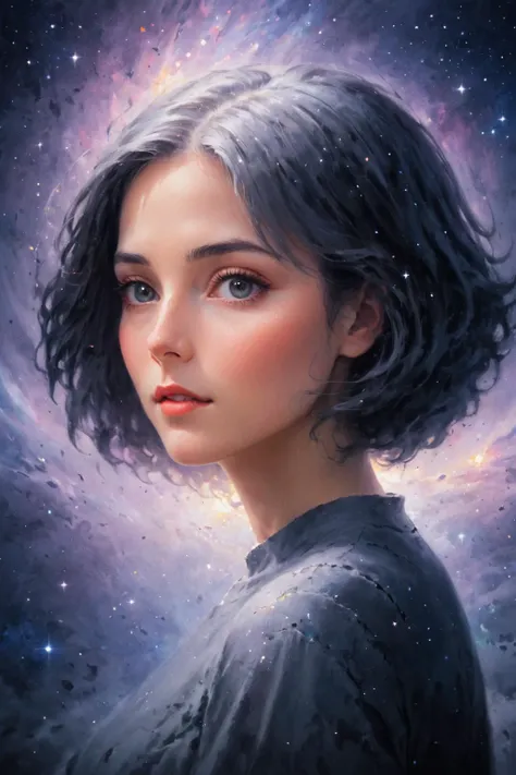 cosmic canvas,flawless, clean, masterpiece, professional artwork, famous artwork, painting of a woman, Pha Nung, Bob, Steel gray hair, (galaxy background),  <lora:Cosmic_Canvas_SDXL:1>