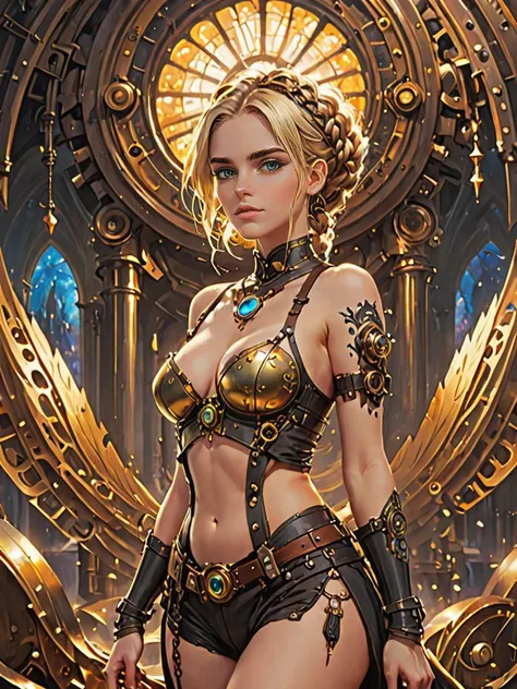 cosmic canvas, Steampunk style, Antique, mechanical, brass and copper tones, gears, intricate, detailed,, full body low-angle, cute  paladin woman, young, 18 yo, platinum_blonde, twin_braids, busty, gorgeous body, ritual tattoos, looking_at_viewer, paintin...