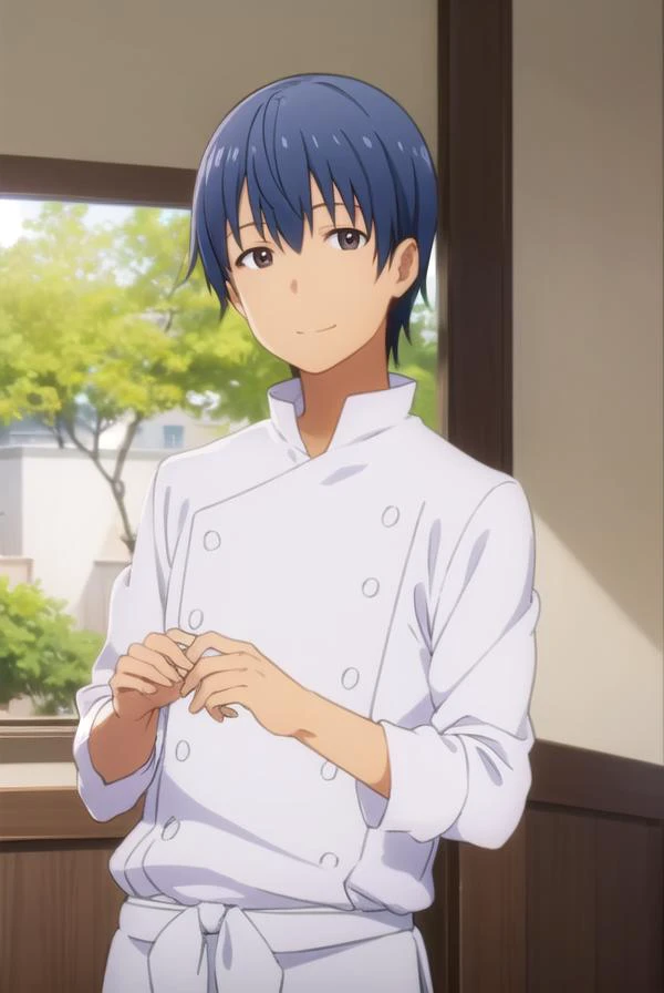 hiroomisouma, <lora:hiroomi souma s2-lora-nochekaiser:1>,
hiroomi souma, (brown eyes:1.3), blue hair, male focus, smile,
BREAK apron, buttons, waist apron, white pants, chef,
BREAK indoors, restaurant,
BREAK looking at viewer, (cowboy shot:1.5),
BREAK <lyc...