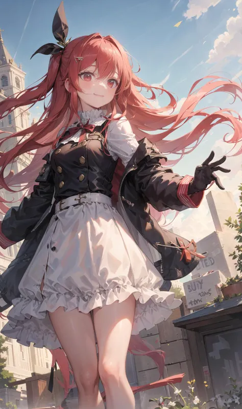 ((masterpiece,best quality)),1girl, long hair, red hair, solo, dress, red eyes, looking at viewer, long sleeves, standing, building, white dress, gloves, hair ornament, black jacket, smile, floating hair, dutch angle, closed mouth, looking away, outdoors