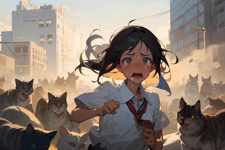 girl, school uniform, upper body, tears, sweat, saliva, running, thousand cats, behind, running, chased, city, dust cloud, vanishing point,  cat world,