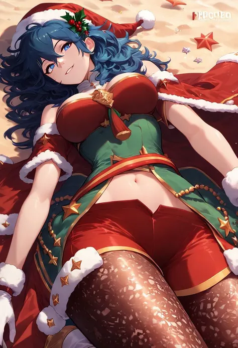 1girl, xmasByl, blue hair, blue eyes, santa hat, santa costume, fur trim, red cape, bare shoulders, detached collar, red and green dress, midriff, red shorts, brown pantyhose, white gloves, white boots, large breasts, (perky breasts:1.2), (petite body:1.2)...