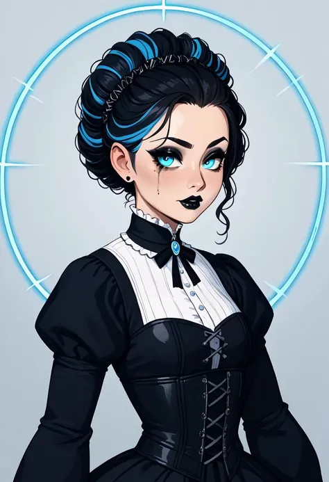 score_9, score_8_up, score_7_up, score_6_up, 
BREAK,
cyan glowing circle behind, shoulder length portrait, dark back ground, bust,
BREAK
1girl, glowing blue eyes, two tone hair, black straight roots, blue curly tips
BREAK
black eyeliner, long eyelashes, bl...