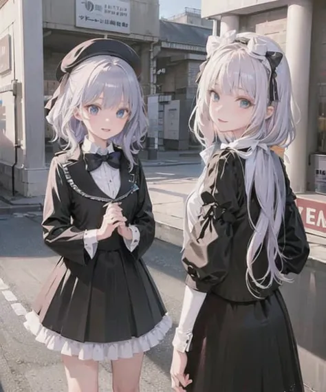 two anime girls in black and white outfits standing on a street