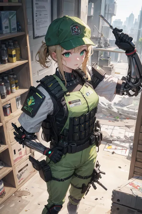 (masterpiece, best quality, ultra-detailed, illustration), beautiful face, solo, perfect body, 1girl, solo, standing, gloves, white t-shirt, (body armor:1.3), (science fiction:1.2), green pants, tactical clothes , (green baseball cap:1.2), (bulletproof vest:1.3), (mechanical arms:1.1)