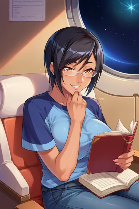 anime girl sitting on a plane reading a book