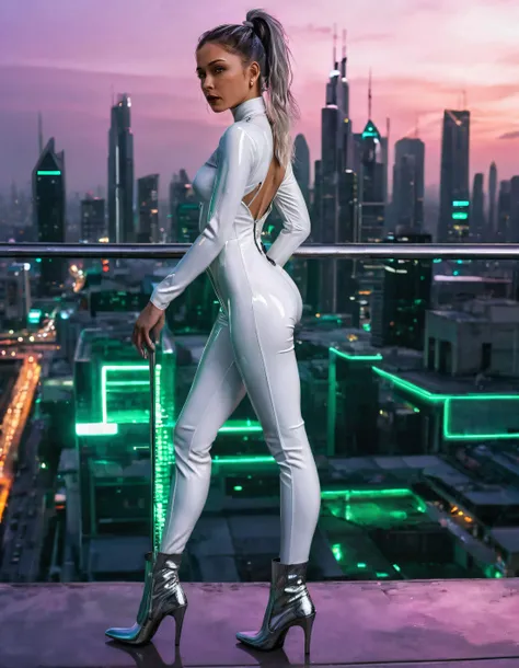 in the futuristic cityscape of a cyberpunk world at dusk, edna smith, dressed in her striking white jumpsuit with metallic accen...