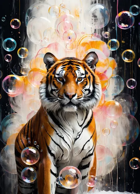 Artme, surreal, abstract, majestic tiger in front of an abstract background with bubbles, high contrast, shallow depth of field, blurry, bright, white,
<lora:artfullyPATTERN_SDXL_v1:0.8>