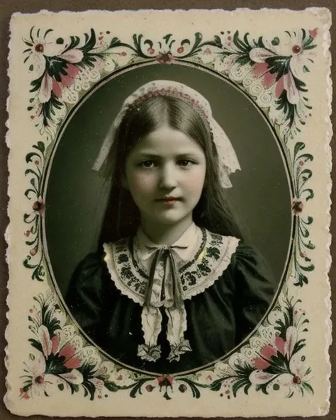 a close up of a young girl wearing a bonnet and a dress