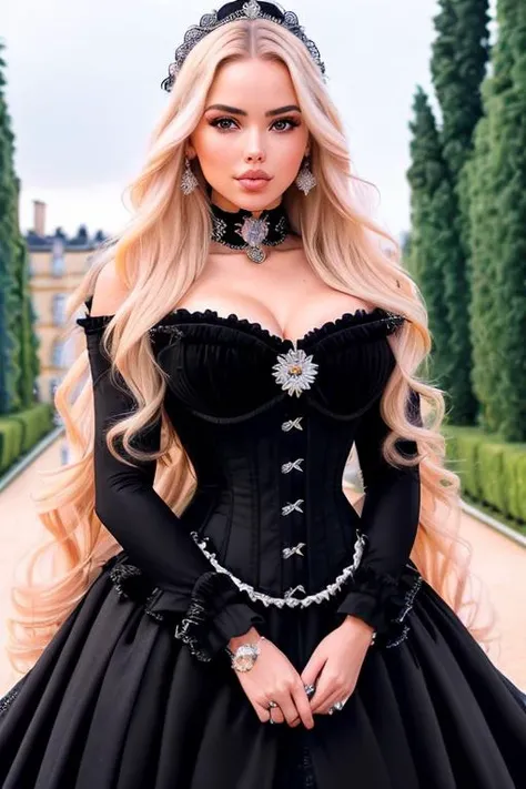 photo of (T4ny4M4vr1n4-250:1), a woman, modelshoot style, (extremely detailed), (CG unity 8k wallpaper), Intricate, High Detail, Sharp focus, dramatic, ((photorealistic)), ((Chateau de Versailles garden)), ((posing for a photo)), (looking at viewer), (deta...