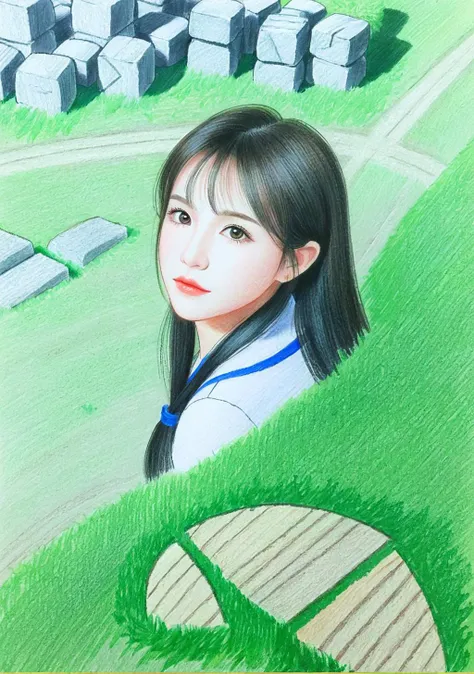 Strategy game style 1girl,(FN colored pencils:1.2),Hand drawing,sketch,portrait,Soft neutral tones background,(Artist-grade pencil drawing details:1.2),1girl,<lora:FN-colored pencils_XL-V1.0:0.8>, . Overhead view, detailed map, units, reminiscent of real-t...