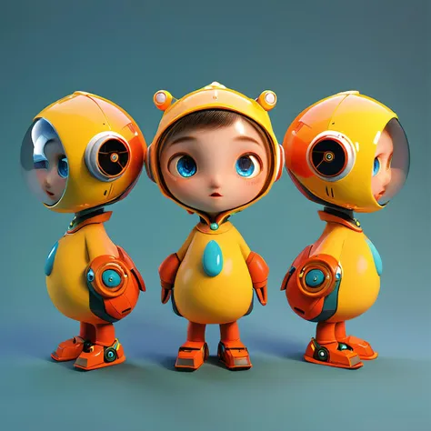 three robots with big eyes and a helmet on standing next to each other