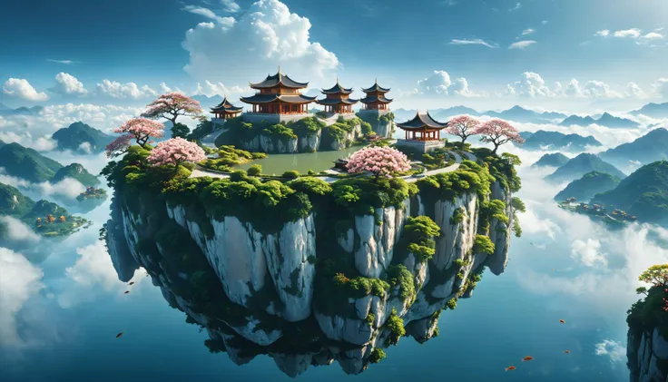 cinematic photo surreal (floating island:1.9) on the sky and mist surround behind on the clouds, Ultra-large huge flat mountain is full of peach blossoms, a gorgeous gold theme pavilions and pavilions and a small pond on the mountain top has lotus flowers...