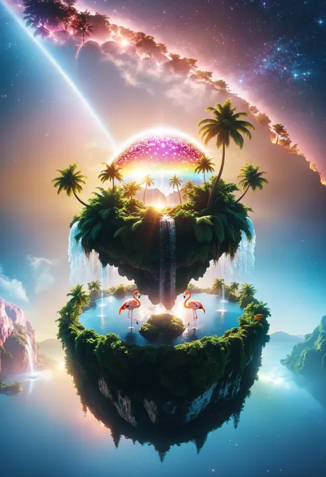 cinematic photo surreal, a floating island with starry rainbow sunset, palm trees, waterfall, flamingo, plants, glossy, glitter, photorealistic, The island suspended in the sky. It is a hyper-realistic science fiction style, ethereal illustration. conceptu...