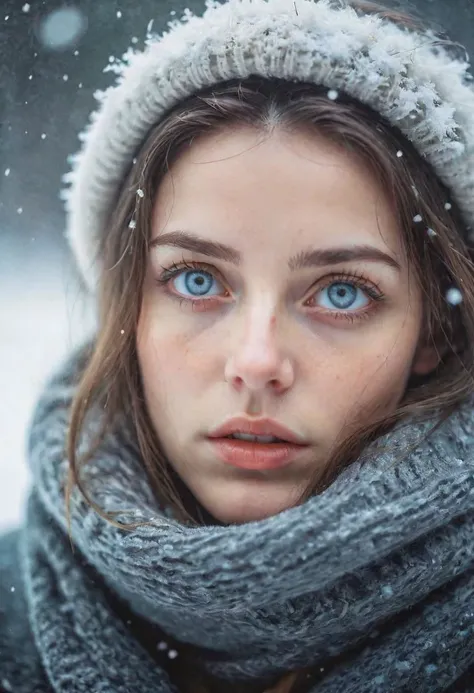 RAW Photo, A woman with stunning eyes is staring at the viewer, its snowing, dreamlike imagery, dslr, 8k. 35mm photograph, masterpiece