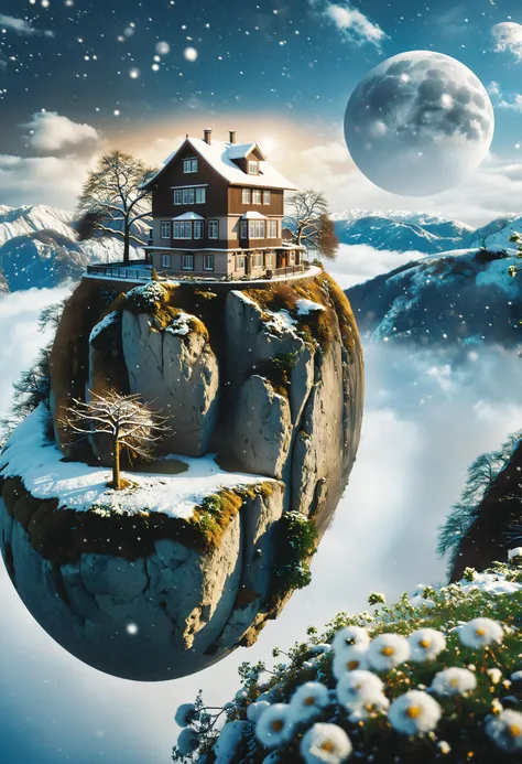 cinematic photo surreal, a floating island with rock cliff mountain, The island suspended in the sky. Inside there is an megalophobia gigantic glowing Moon nearby a house, Behind the island is the blue sky and white clouds, with flowers, green plants and b...