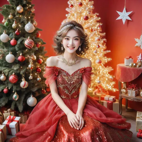 a woman in a red dress sitting in front of a christmas tree