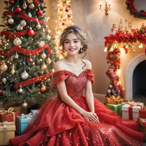 Portrait photography of a radiant anime girl exuding youthful beauty and vitality, sitting amidst an exuberant Christmas setting. Shes dressed in an elegant, glitzy red dress with sparkling sequins that catch the light, adding a sense of luxury to her fest...