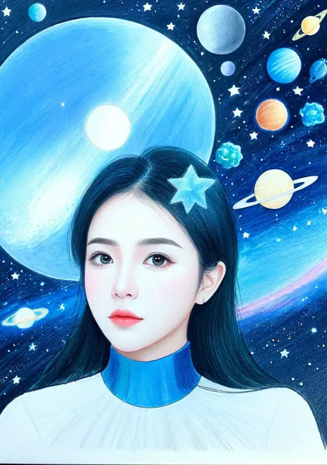 Space-themed 1girl,(FN colored pencils:1.2),Hand drawing,sketch,portrait,Soft neutral tones background,(Artist-grade pencil drawing details:1.2),1girl,<lora:FN-colored pencils_XL-V1.0:0.8>, . Cosmic, celestial, stars, galaxies, nebulas, planets, science fi...