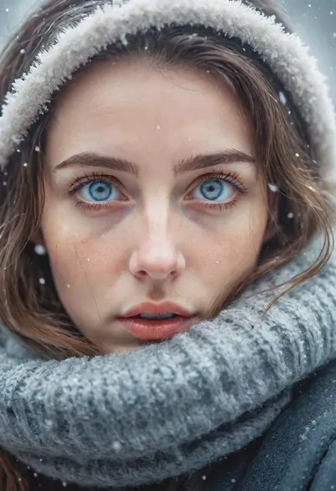 RAW Photo, A woman with stunning eyes is staring at the viewer, its snowing, dreamlike imagery, dslr, 8k. 35mm photograph, masterpiece