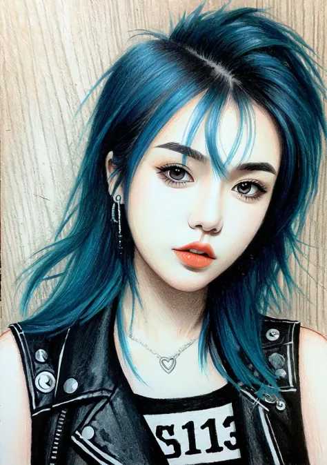 Grunge style 1girl,(FN colored pencils:1.2),Hand drawing,sketch,portrait,Soft neutral tones background,(Artist-grade pencil drawing details:1.2),1girl,<lora:FN-colored pencils_XL-V1.0:0.8>, . Textured, distressed, vintage, edgy, punk rock vibe, dirty, nois...