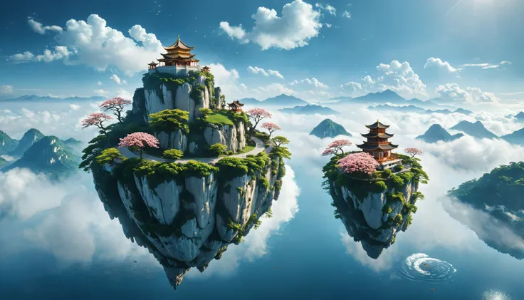 cinematic photo surreal (floating island:1.9) on the sky and mist surround behind on the clouds, Ultra-large huge flat mountain is full of peach blossoms, a  gorgeous gold theme pavilions and pavilions and a small pond on the mountain top has lotus flowers...