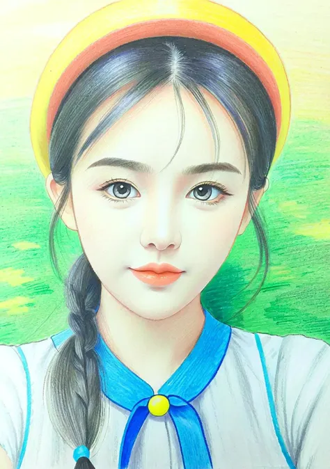 painting of a girl with a yellow hat and a blue dress