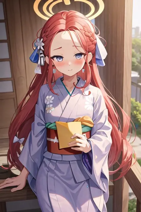 best quality, masterpiece, highres, solo, {yukata:1.40}, {kimono:1.20}, {yuzu_bluearchive:1.15}, long_hair, red_hair, blush, forehead, halo, bow, blue_eyes, braid, hair_bow, very_long_hair, purple_eyes