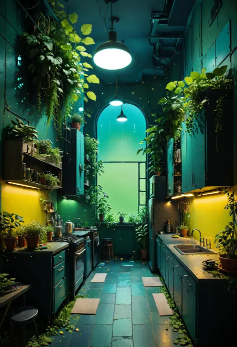 a view of a kitchen with a green wall and a window