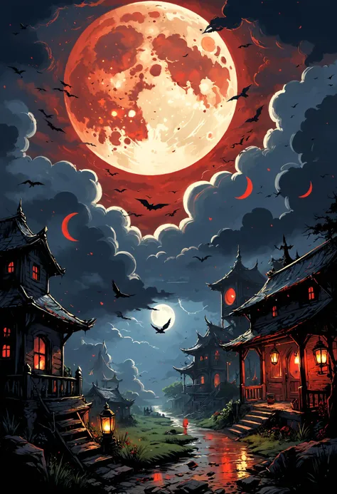 a painting of a full moon with bats flying over a village