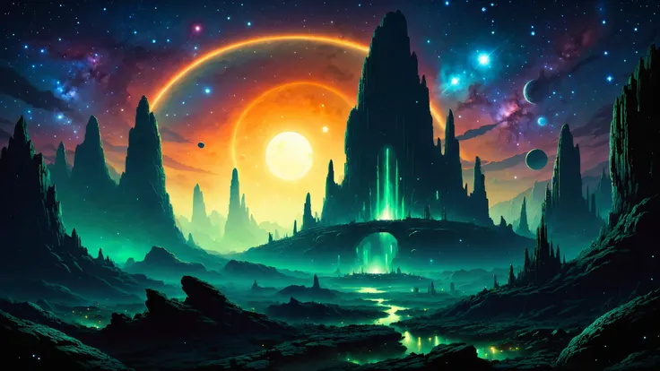 a painting of a futuristic landscape with a bright sun in the background