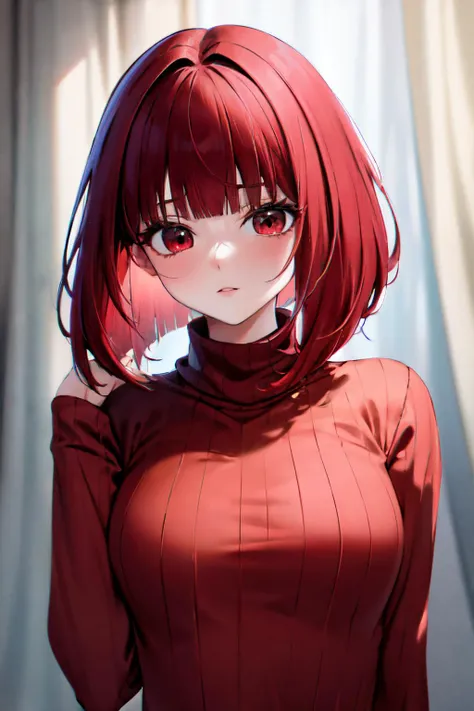 masterpiece, best quality, <lora:kanaarima-lora-nochekaiser:1>,kana arima, bob cut, (red eyes:1.5), red hair, short hair, <lora:virgin_destroyer_sweater_v0.4:1>,virgin destroyer sweater,