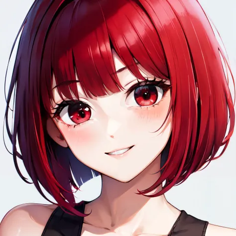 masterpiece, best quality, extra detailed, face focus, <lora:kanaarima-lora-nochekaiser:1>,kana arima, bob cut, (red eyes:1.5), red hair, short hair, cute,shy, smiling,