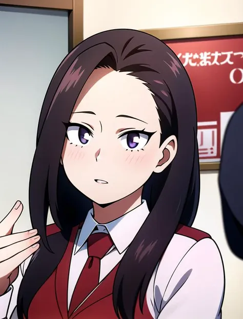 anime image of a woman in a red vest and tie