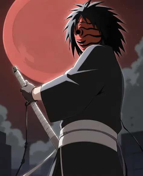 score_9,score_8_up,score_7_up,source_anime,rating_safe BREAK masterpiece,highres,best quality,high quality,dramatic angle,cinematic lighting,1boy,<lora:Obito_Pony_V2:1>,dim,night,moon,red moon,Uchiha Obito (Red night),red night,black robe,black gloves,city...