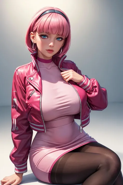 (ultra realistic,32k, masterpiece:1.2),(high detailed skin:1.1), 8k uhd, dslr, high quality, (thicklips),
 <lora:Mollie:0.5>Mollie,jacket, pink hair, bangs, blunt bangs, earrings, jewelry, pantyhose, blue eyes, short hair, piercing, open jacket, long sleev...