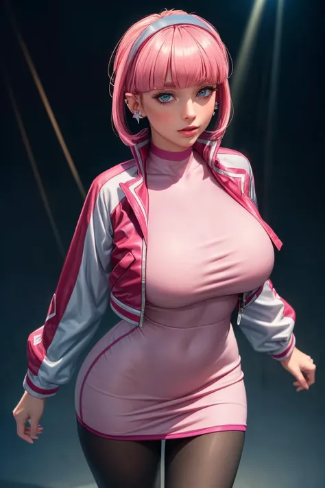 (ultra realistic,32k, masterpiece:1.2),(high detailed skin:1.1), 8k uhd, dslr, high quality, (thicklips),
 <lora:Mollie:0.7>Mollie,jacket, pink hair, bangs, blunt bangs, earrings, jewelry, pantyhose, blue eyes, short hair, piercing, open jacket, long sleev...