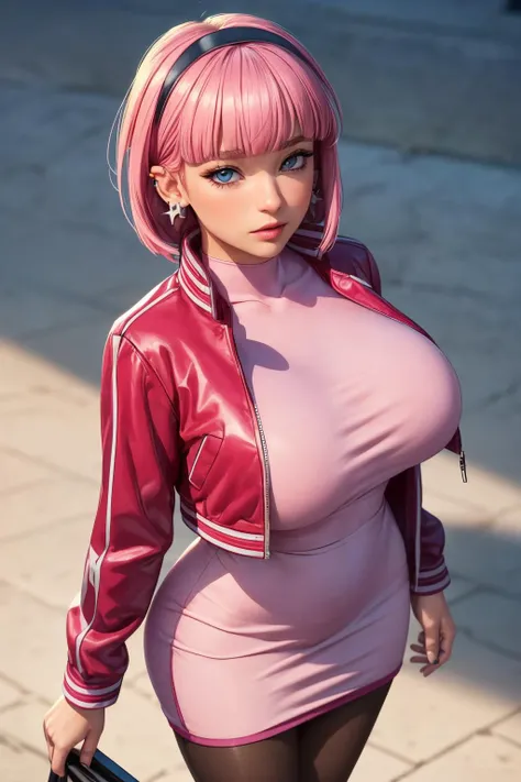 (ultra realistic,32k, masterpiece:1.2),(high detailed skin:1.1), 8k uhd, dslr, high quality, (thicklips),
 <lora:Mollie:0.5>Mollie,jacket, pink hair, bangs, blunt bangs, earrings, jewelry, pantyhose, blue eyes, short hair, piercing, open jacket, long sleev...