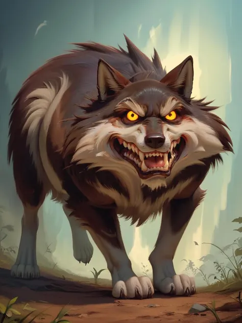 a painting of a wolf with yellow eyes walking in the woods