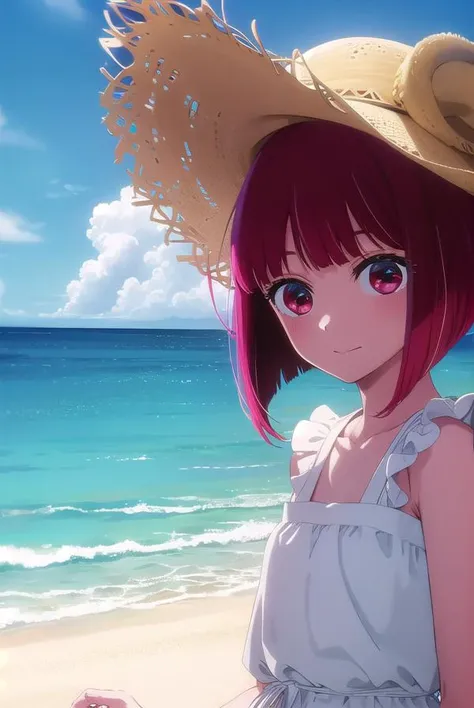 kanaarima, <lora:kana arima s1-lora-nochekaiser:1>,
kana arima, short hair, bangs, (red eyes:1.3), red hair, bob cut, smile,
BREAK hat, dress, ribbon, sleeveless, white dress, sleeveless dress, white headwear, sun hat, sundress,
BREAK outdoors, ocean, beac...