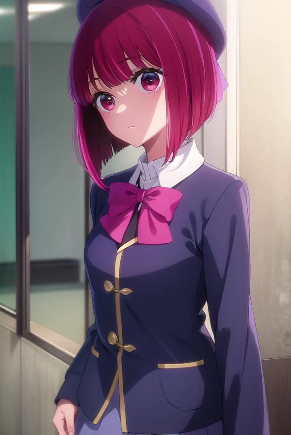 kanaarima, <lora:kana arima s1-lora-nochekaiser:1>,
kana arima, short hair, bangs, (red eyes:1.3), red hair, bob cut,
BREAK skirt, long sleeves, hat, bow, school uniform, jacket, pink bow, grey skirt, blue headwear,
BREAK indoors, classroom,
BREAK looking ...