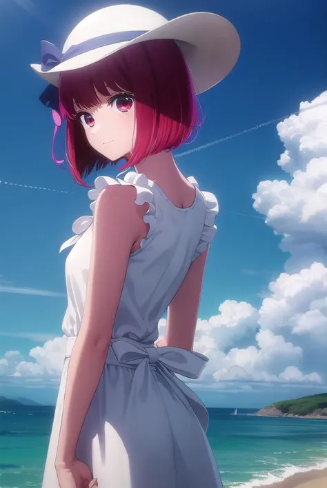 kanaarima, <lora:kana arima s1-lora-nochekaiser:1>,
kana arima, short hair, bangs, (red eyes:1.3), red hair, bob cut, smile,
BREAK hat, dress, ribbon, sleeveless, white dress, sleeveless dress, white headwear, sun hat, sundress,
BREAK outdoors, ocean, beac...