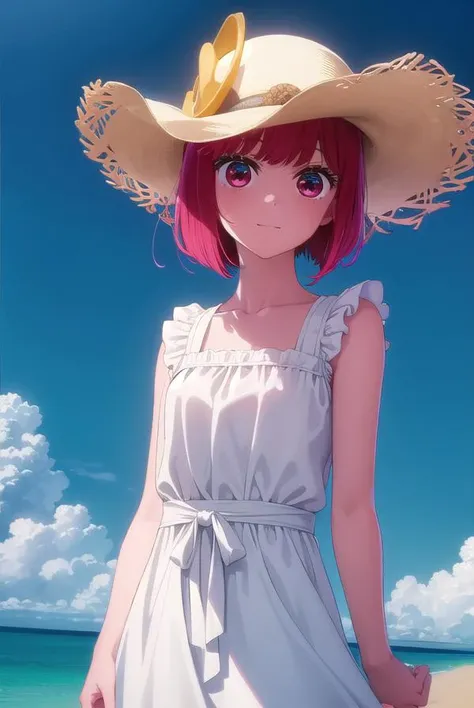 kanaarima, <lora:kana arima s1-lora-nochekaiser:1>,
kana arima, short hair, bangs, (red eyes:1.3), red hair, bob cut, smile,
BREAK hat, dress, ribbon, sleeveless, white dress, sleeveless dress, white headwear, sun hat, sundress,
BREAK outdoors, ocean, beac...