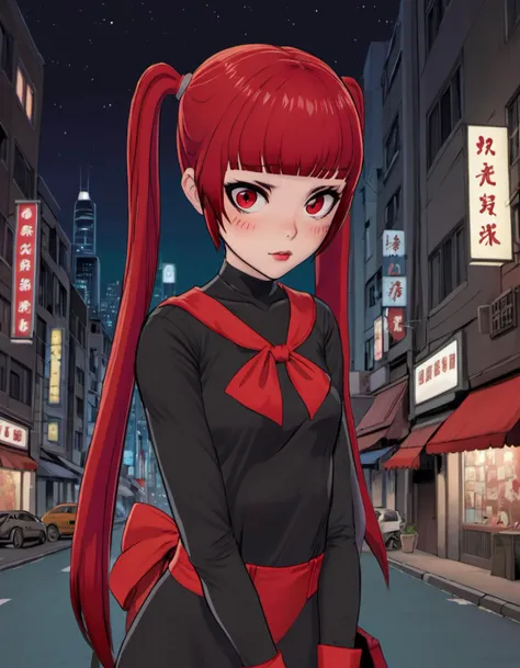 (<lora:Ami_Arakawa:.8>, 1girl, red eye, red hair, twintails) as a comicbook superhero, city streets, night, mask