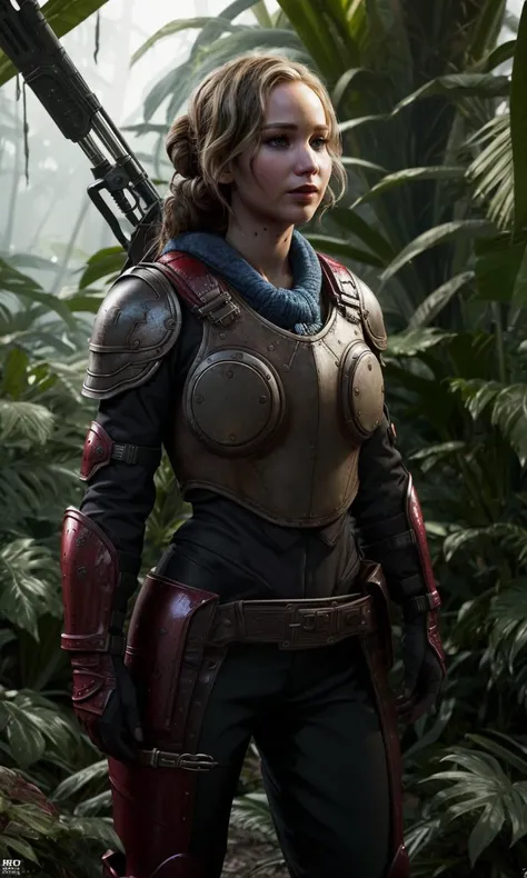 1girl, Jennifer Lawrence,  cogarmor2023, red armor, 8k uhd, best quality, masterpiece, blue accents, detailed armor, jungle,